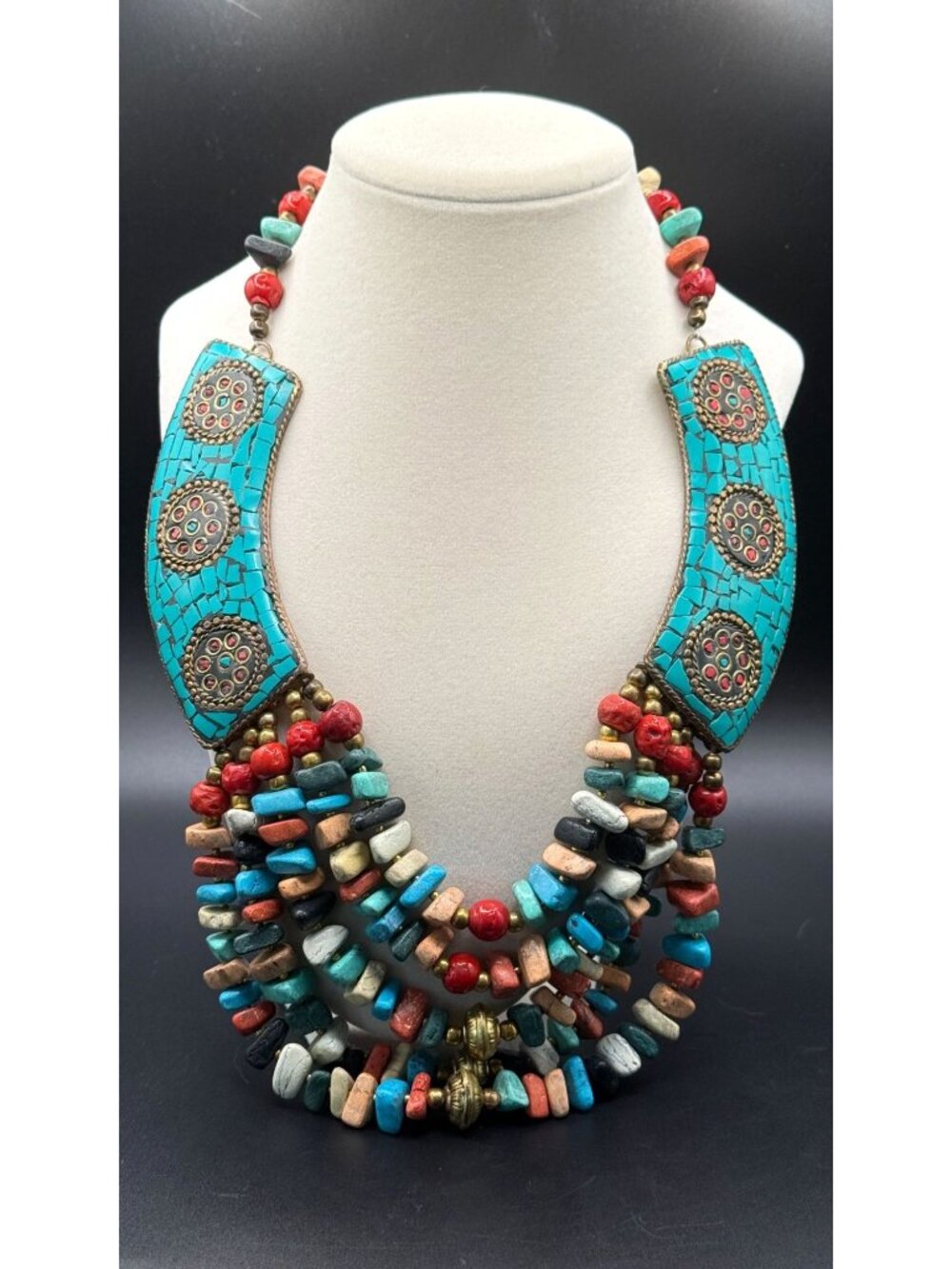 Tanjore India Mosaic Turquoise Statement Necklace Multi Strand Tribal Boho Jewel